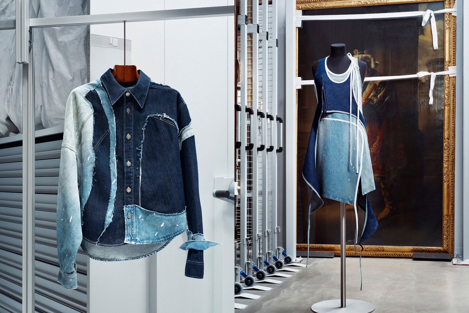 Лоскутная джинсовая рубашка и асимметричное джинсовое платье Acne Studios × Hussein Chalayan в хранилище V&A East Storehouse