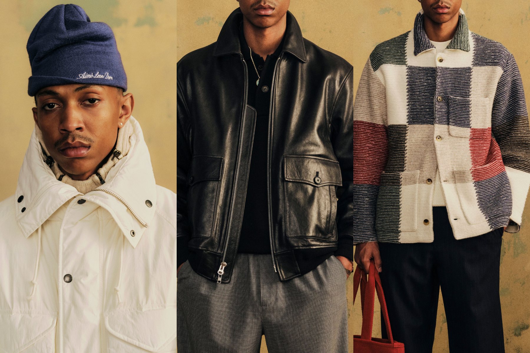 Три образа из лукбука Aimé Leon Dore: белая пуховая парка и синяя шапка, чёрный кожаный бомбер, лоскутная вязаная куртка