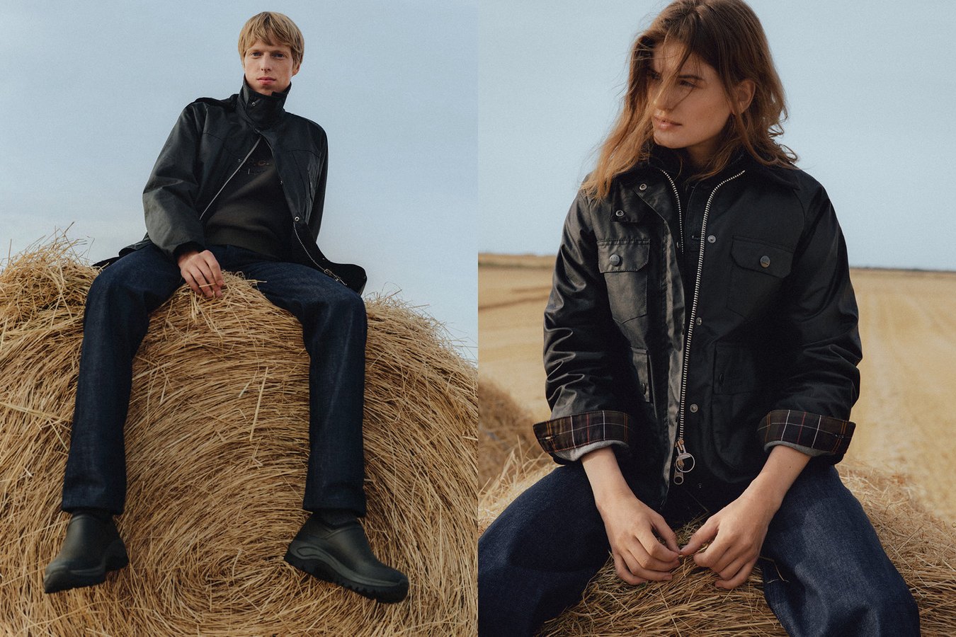 Две модели в вощёных куртках A.P.C. × Barbour и сырых джинсах сидят на тюках сена