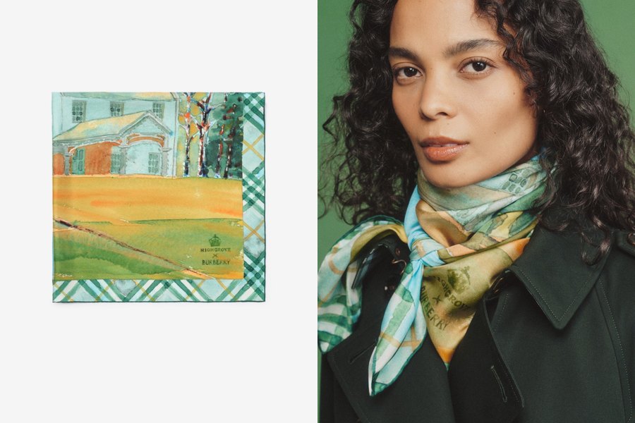 Шёлковый платок Burberry с акварелью Биркхолла: разложенный и повязанный на шее модели
