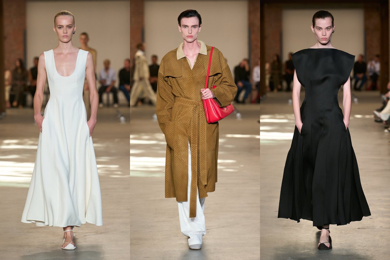 Три образа Calvin Klein Collection весна-лето 2027: белое платье, замшевое пальто с красной сумкой и чёрное платье
