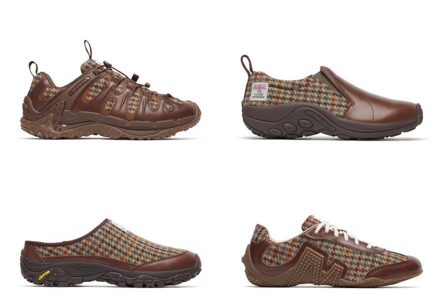 Четыре модели Merrell × Harris Tweed: Cham Redux, Jungle Moc, Moab 2 Slide и Relay Lace в коричневой коже и клетчатом твиде