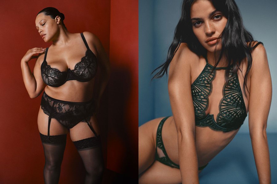 Две модели в белье M&S X Coco de Mer: чёрный комплект с поясом для чулок и зелёное боди