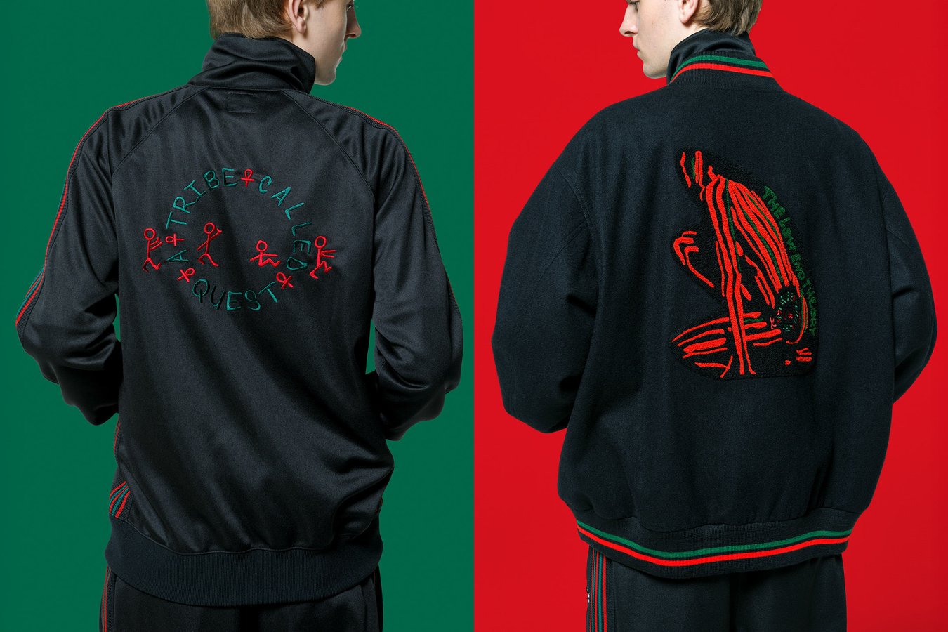 Две спины: чёрная олимпийка с вышитым кругом A Tribe Called Quest на зелёном фоне и чёрная бейсбольная куртка с красно-зелёной нашивкой на красном фоне