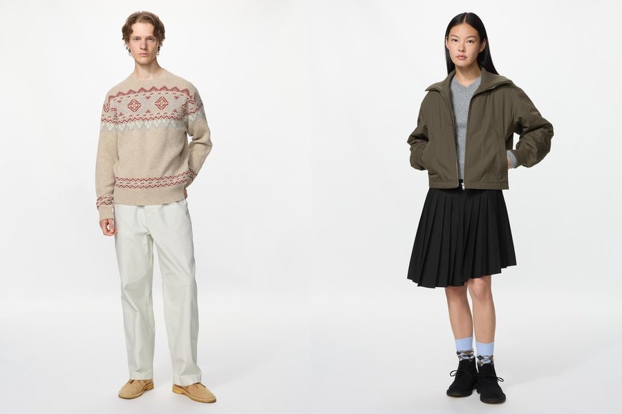 Две модели UNIQLO and JW ANDERSON: бежевый свитер с узором фэр-айл и оливковая короткая стёганая куртка