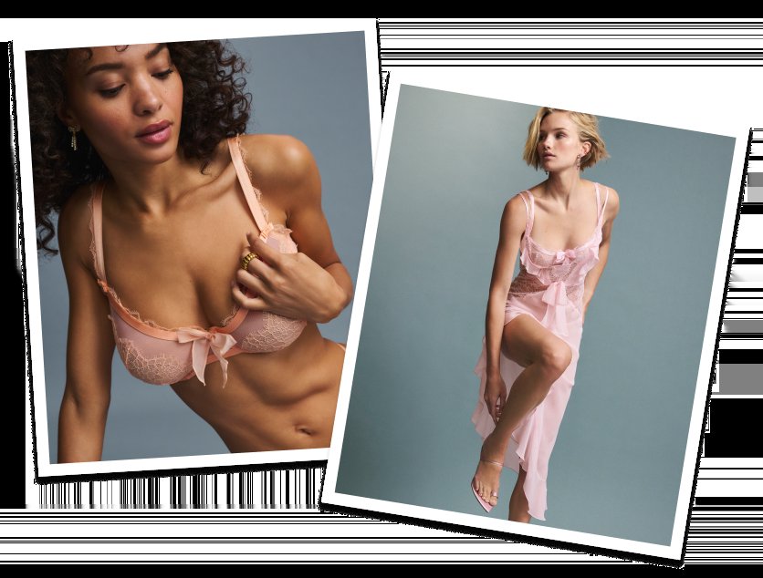 Коллаж из двух архивных снимков Victoria’s Secret: персиковый бюстгальтер и розовая сорочка